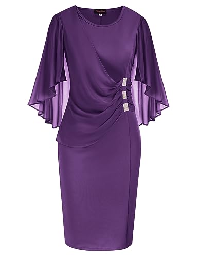 Hanna Nikole Women's Elegant Batwing Sleeves Round Neck Overlay Casual Summer Chiffon Dress Purple XL