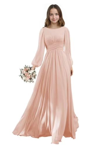 Farichos Long Junior Bridesmaid Dresses for Wedding Chiffon Girls Prom Party Dress Crewneck Ruffle Blush Pink Flower Girl Dresses Size 10