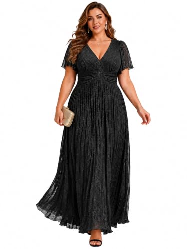 Ever-Pretty Women's Maxi Shimmer Plus Size Formal Wedding Guest Dresses | V-Neck, Short Sleeve, A-Line, Fall, Plus Size Black Tie Dress, Plus Size Gala Dresses, Black US26