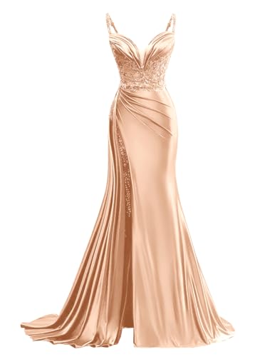 Xsqmbwb Prom Dress for Women Spaghetti Strap Satin Mermaid Evening Gown Applique Corset Formal Party Dress US14 Peach