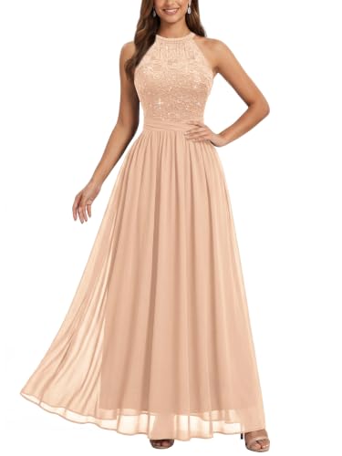 Miusol Women's Sequin Lace Sleeveless Halter Tie Formal Evening Maxi Dress (Large, Champagne)