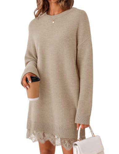 MEROKEETY Women's Fall Long Sleeve Lace Oversized Sweater Dress, Oatmeal, S