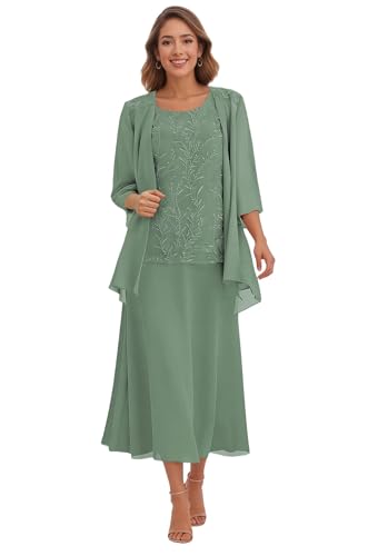 AKLASU 3 Pieces Chiffon Mother of the Bride Dresses for Women Lace Applique 3/4 Sleeve Tea Length Mother of the Groom Dresses Eucalyptus US2