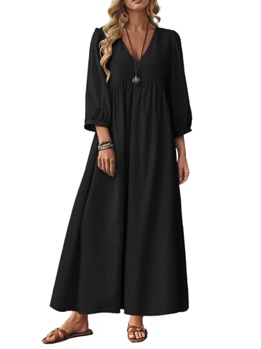 Celmia Cotton Dress Women Summer Boho 3/4 Sleeve Linen Maxi Dress Black 2X | maxi dresses for women 2026, casual loose fit, v-neck, puff sleeve, long dress for summer spring fall winter outfits