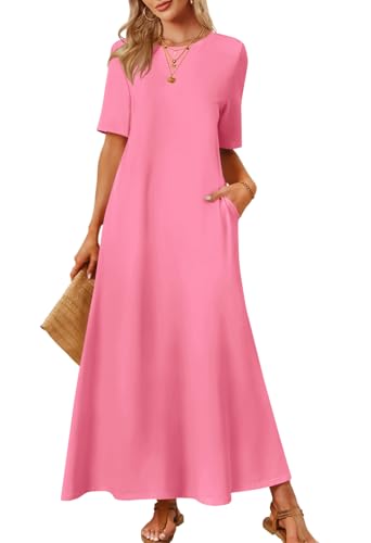 MEROKEETY Women Summer Casual Short Sleeve Maxi Tshirt Dress, Pink2, XL