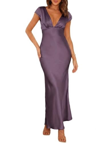 Halfisland Womens Summer Satin V Neck Cap Sleeve Midi Dress Wedding Guest | 2026 Summer,Backless,Hollow Out,Long,Formal,Cocktail,Twist,Bridesmaid,Party,Baby Shower,Short Sleeve,Beach,Elegant,Evening