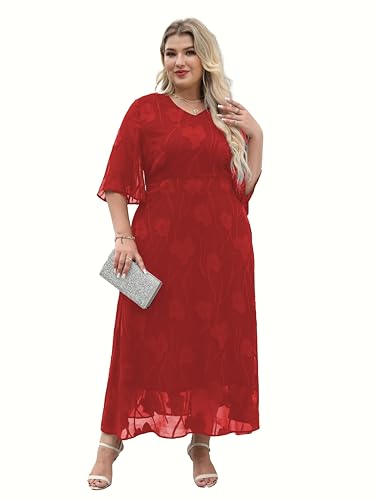 Women's Floral Mesh Midi Dress, V-Neck, 3/4 Bell Sleeves,Evening Party Dress (US, Alpha, 5X, Plus, Regular, red)