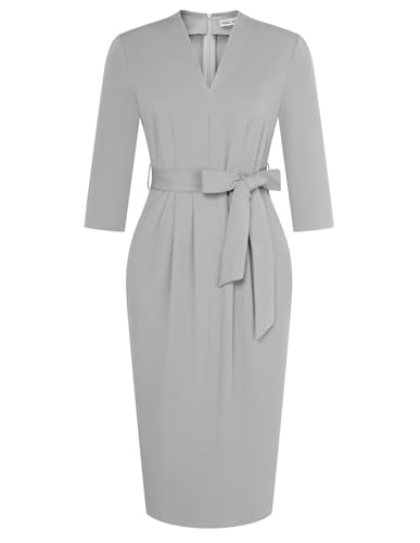 GRACE KARIN Business Dresses for Women 3/4 Sleeve V Neck Sheath Dress Gray Warp Work Dress Slim Classy Formal Church Dresses for Women M