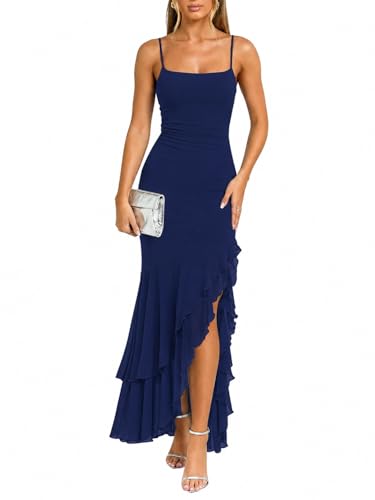 Kaximil Women's Elegant Ruffle Formal Wedding Guest Maxi Dress, M, Navy