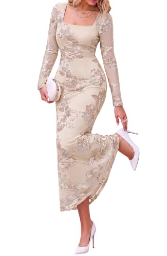 BTFBM Womens Long Sleeve Bodycon Floral Mesh Maxi Fall Wedding Guest Dress