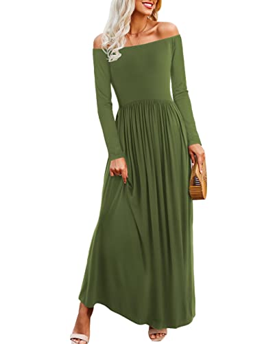 Amoretu Dresses Womens Long Sleeve Off Shoulder Casual Maxi Long Dress with Pocket Olive S
