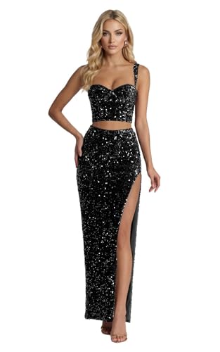 Black Sequin Prom Dresses Long for Women 2026 Sparkly Two Piece Mermaid Formal Dress Evening Gowns with Slit LA163 2