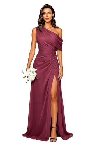 One Shoulder Pleated Bridesmaid Dress Long Mulberry Chiffon Wedding Guest Dress with Slit Off Shoulder Mermaid Maxi Formal Gowns with Ruffles