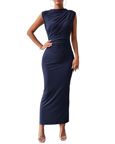 BTFBM Women Ruched Bodycon Maxi Dresses Summer Casual,Navy,S