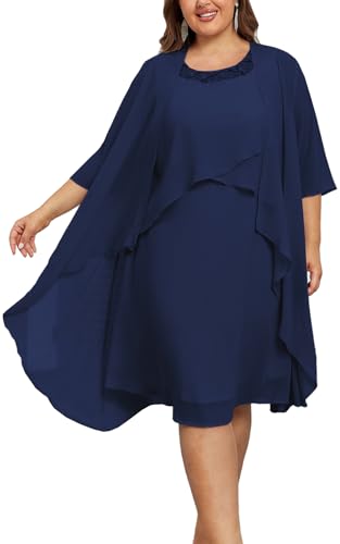 Hanna Nikole Womens Plus Size Dresses for Special Occasions Knee Length Sequined Collar Dresses Wedding Guest Navy Blue 24W