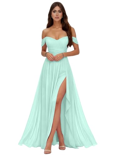 GTROMKO Mint Green Bridesmaid Dress Off the Shoulder Maid of Honor Dress Chiffon Long Formal Dresses 8