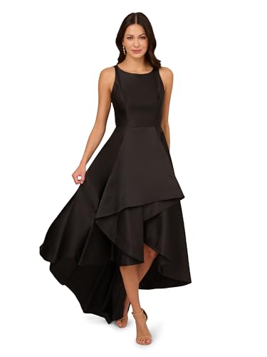 Adrianna Papell Women's Mikado High Low Gown, Black, 18 | Sleeveless Halter Top Dress with Ruffled Skirt & Luxe Mikado Fabric