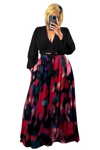 Plus Size Women's 2 Piece Outfits Printed Casual Long Sleeve Wrap Crop Top Maxi Long Dress Flowy Matching Sets