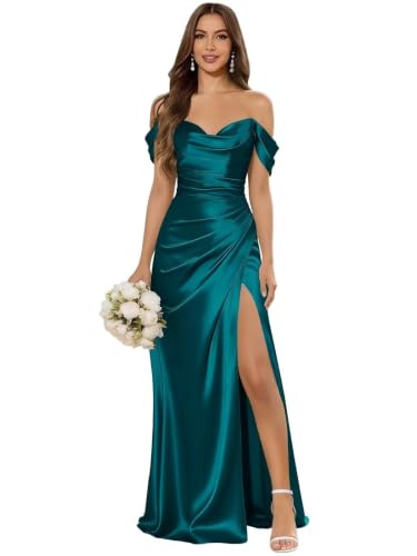 LumiereBride Cowl Neck Satin Bridesmaid Dresses Long with Slit for Women Formal Evening Party Off Shoulder Ruched Pleated Bodice Peacock Wedding Guest Party Gown US12