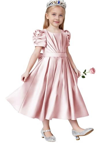 Girl's Crew Neck Rose Gold Flower Girls Dress with Sleeve Satin Pageant Ball Gowns Formal Dress for Wedding 2026 TJ41 6