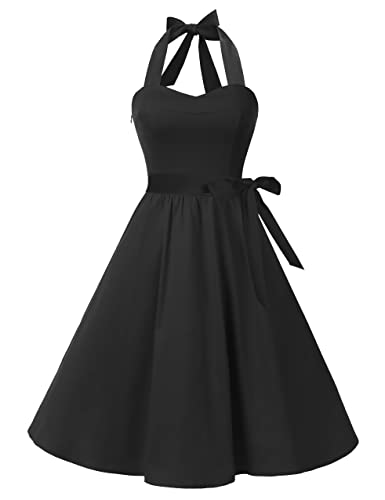 Topdress Women's Vintage Polka Audrey Dress 1950s Halter Cocktail Dress Black M
