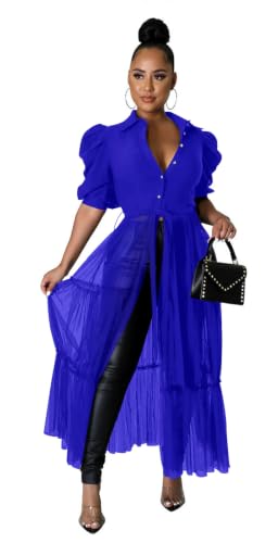 Ekaliy Women's Short Sleeve Round Neck High Low Asymmetrical Irregular Hem Casual Tops Blouse Shirt Dress L RoyalBlue