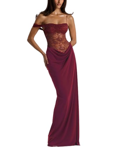 Women's Sexy Lace Maxi Dress High Split Spaghetti Strap Backless Wedding Guest Cocktail Formal Dresses,Vine Red,L