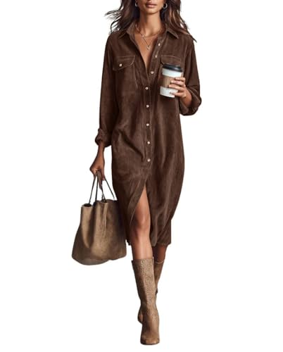 chouyatou Women's Fall Corduroy Button Down Shirt Dress Casual Lapel a Line Pleated Tunic Shift Midi Long Dress (Large, Coffee)