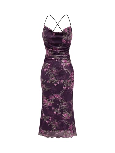 SOLY HUX Women's Floral Mesh Cami Dress Cocktail Wedding Guest Long Dresses