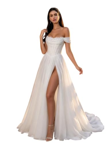 Elegant Wedding Gowns for Bride 2026 Beach Chiffon Bridal Dress A Line Boho Formal Dress Fancy Bridal Ball Gown Off Shoulder Wedding Dress for Women White US14
