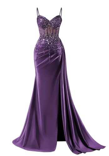 XYNGZOR Satin Grape Prom Dresses for Women Spaghetti Straps Beaded Ruffled Ruched Mermaid Prom Dresses 2026 with Slit Size 2