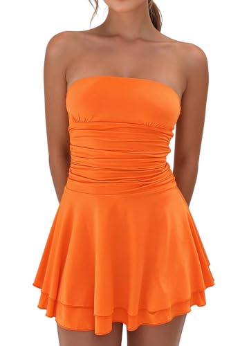 Women Strapless Tube Top Mini Dress Off Shoulder Sleeveless Dresses | Sleeveless Ruched Waist Short Dress Layered Flowy Summer Party Dresses