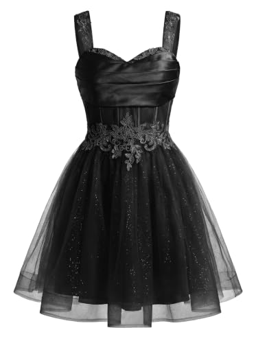 Tulle Homecoming Dresses Short for Teens Sparkly Lace 3D Floral DAMA Dress for Quinceanera Beaded Off Shoulder Prom Dress Black
