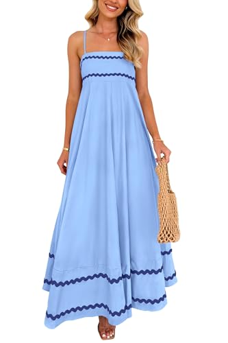 PRETTYGARDEN Women's Summer Spaghetti Strap Boho Maxi Dress,Light Blue,M