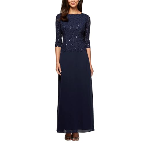 Alex Evenings Women's 3/4 Sleeve Stretch Lace Bodice One Piece Mother of The Bride Dress (Petite and Regular Sizes), Navy, 8