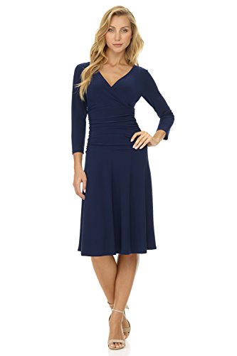 Rekucci Women's Slimming 3/4 Sleeve Fit-and-Flare Crossover Tummy Control Dress (14, Navy)