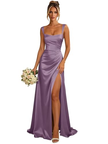 Jalunian Satin Wisteria Bridesmaid Dresses for Women Square Neck Wedding Guest Dress Long Elegant Sleeveless Formal Corset Cocktail Gown 12