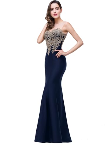 ROSE IN THE BOX Wedding Guest Dresses for Women 2025 Applique Sleeveless Gowns and Evening Dresses Navy Blue Prom Dress Formal Dresses Gold M
