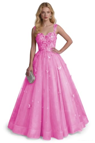 Hot Pink Glitter Tulle Prom Dresses 3D Butterfly Fairy Ball Gown US0
