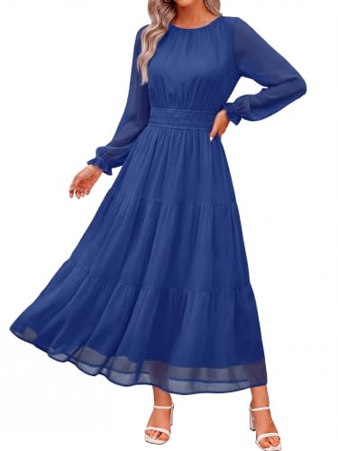 BerryGo Womens Long Sleeve Fall Wedding Guest Dresses Boho Flowy Maxi Dress | Chiffon Modest Church, Casual Tea Party, Baby Shower, Ruched Crew Neck, Smocked Empire Waist, Ruffle, Pockets, Deep Blue M