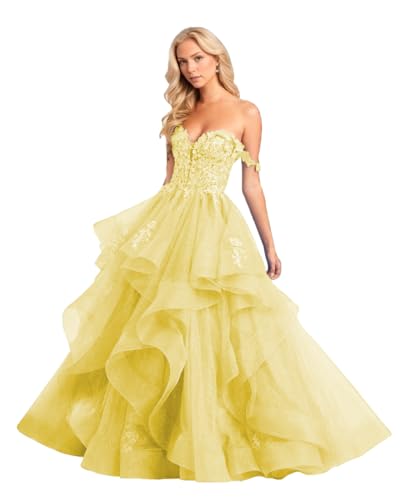 Lawrncedw Ruffle Tiered Prom Dress for Women Formal Laces Appliques Puffy Ball Gown Sweetheart Backless Evening Party Dresses Yellow