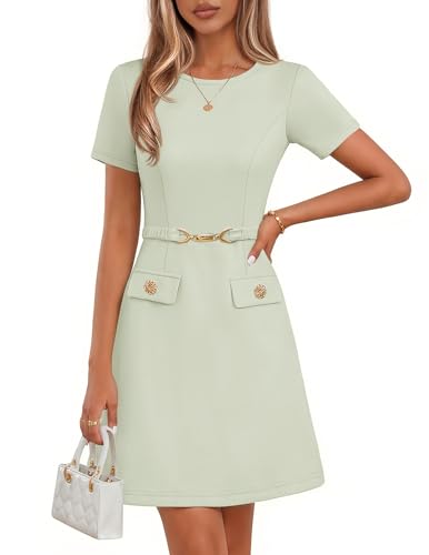 MEROKEETY Women's Summer Business Casual Work Office Dress, LightGreen, M | Short Sleeve, Bodycon A Line, Mini Dress, Decorative Faux Pockets, Metal Buckle Belt, Elegant Classy, Cocktail, Graduation