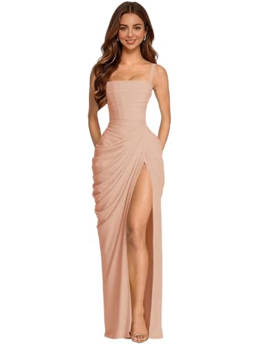 Eightale Rose Gold Bridesmaid Dresses Long Corset Mermaid Chiffon Prom Dress Slit Maxi Backless Formal Wedding Guest Gown Floor Length Size 6