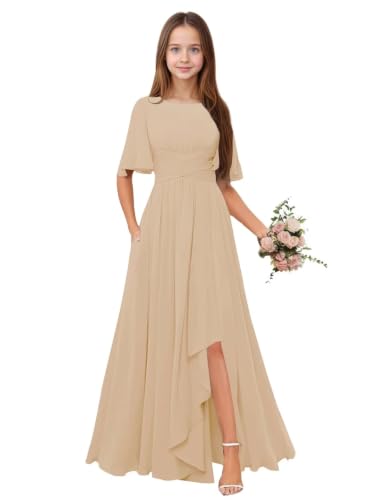 Qgeno Flower Girl Dresses Size 6 Champagne Junior Bridesmaid Dresses Chiffon Scoop Neck A Line Teen Wedding Party Gowns