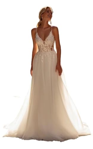 Spaghetti Straps Tulle Wedding Dresses for Women Long Lace A-line V-Neck Backless Beach Simple Wedding Bridal Gowns for Bride Ivory US8