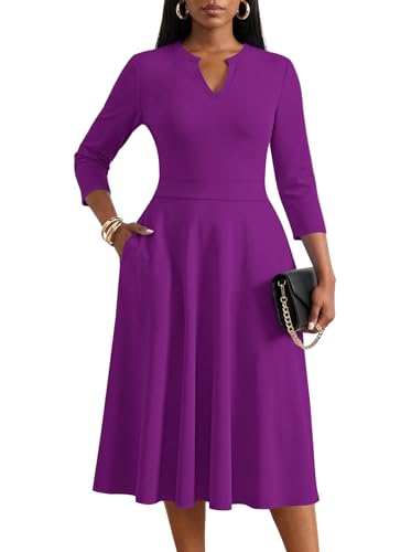 KARALIN Women Midi Dress 3/4 Sleeve Semi Formal Church with Pockets Purple