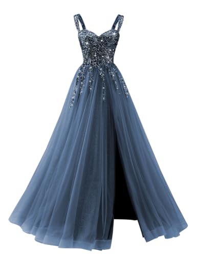 MagicST A Line Sequin Appliques Prom Dress Long Ball Gown for Women,Navy,6