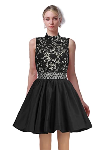 CharmingBridal Halter Short Homecoming Dress Backless Prom Party Lace Dresses Black