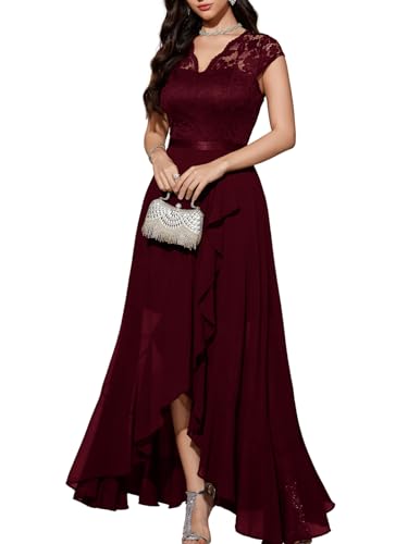 Bbonlinedress Burgundy Formal Wedding Guest Bridesmaid Dress V-Neck Floral Lace Mother of The Bride Cocktail Prom Dress Burgundy L