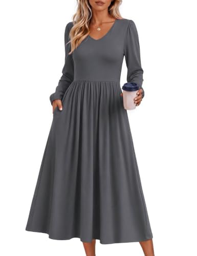 Zeagoo Winter Dress Daily Home Gray V-Neck Long Sleeve Midi for Women